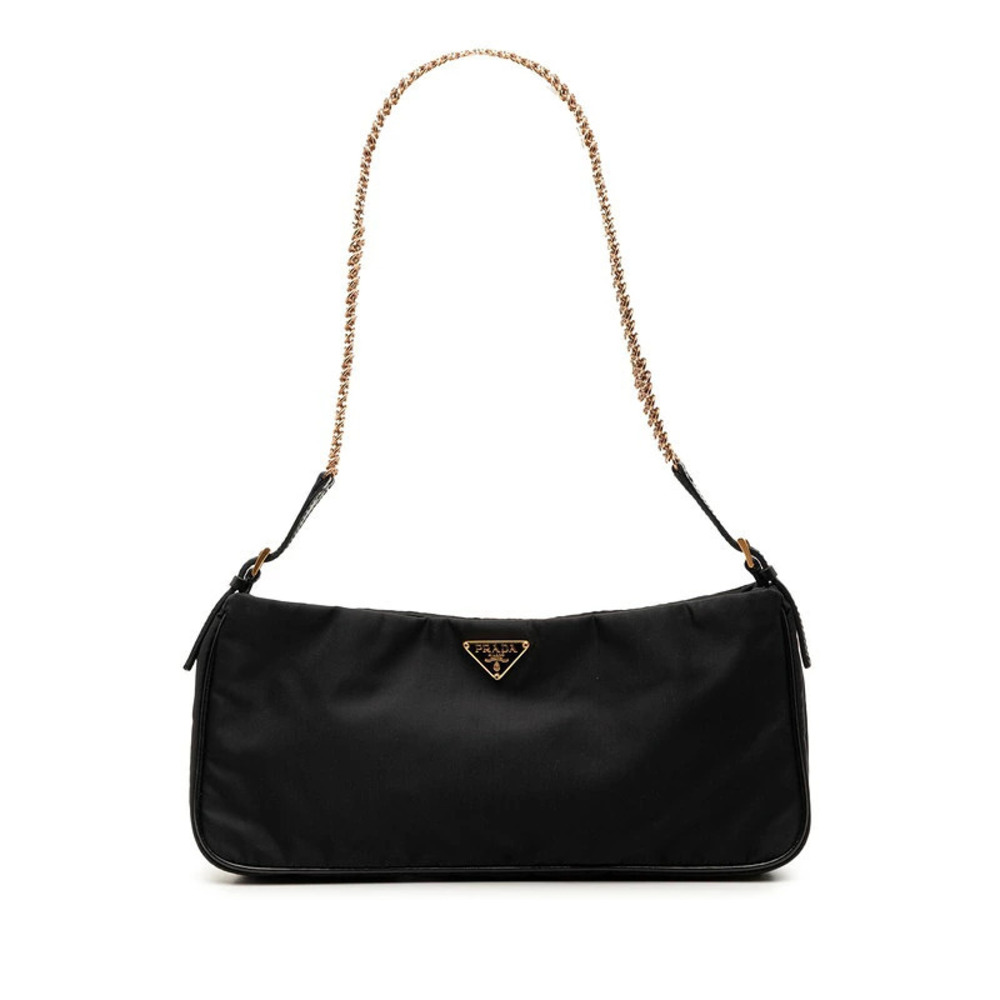 Prada Triangle Plate Chain Shoulder Bag Black Gold Leather
